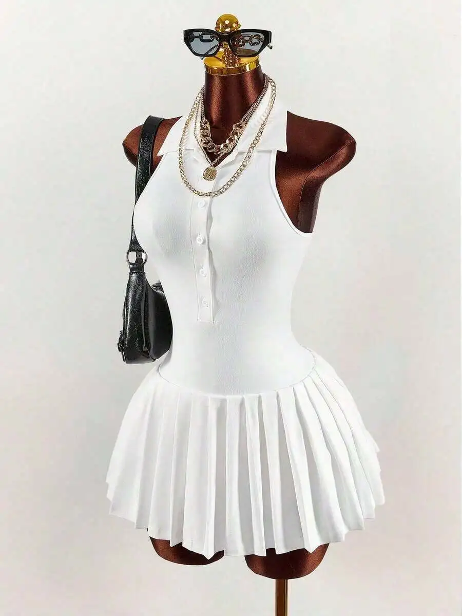 Womens White Collared Sleeveless Button Front Pleated Mini Dress
Womens White Collared Sleeveless Button Front Pleated Mini Dress