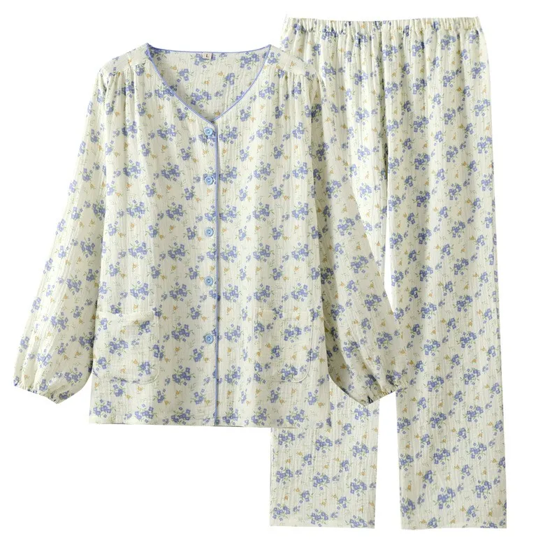 Pure Cotton 2 Layer Gauze Sleepwear Set Women V-neck Pyjamas Pajamas Homewear Autumn New Arrived Floral Print Nighty For Female
Pure Cotton 2 Layer Gauze Sleepwear Set Women V-neck Pyjamas Pajamas Homewear Autumn New Arrived Floral Print Nighty For Female