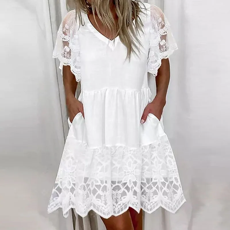 Women V-Neck Short Sleeve Ruffles Mini Dresses Elegant White Color Embroidery Lace Mesh Party Dress Lady Casual Summer New Dress
Women V-Neck Short Sleeve Ruffles Mini Dresses Elegant White Color Embroidery Lace Mesh Party Dress Lady Casual Summer New Dress