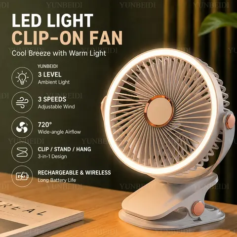 Clip on Fan Portable with LED Lights 3 Speed Adjustable Wind Speed Equipped Silent Desktop Fan Home Bedroom Camping Fan
