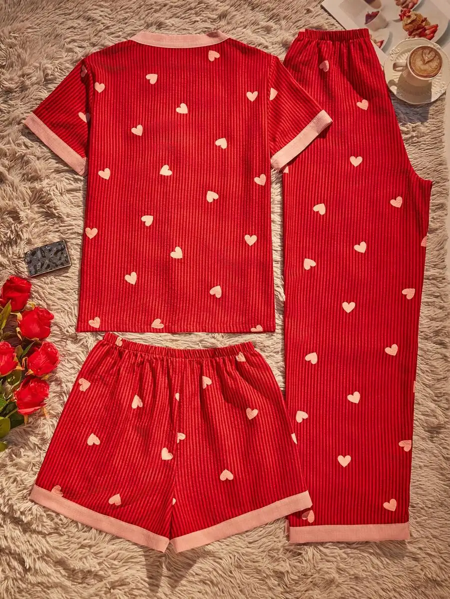 3-Piece Womens Red Heart Print Pajama Set With Short Sleeve Top Shorts And Pants
3-Piece Womens Red Heart Print Pajama Set With Short Sleeve Top Shorts And Pants