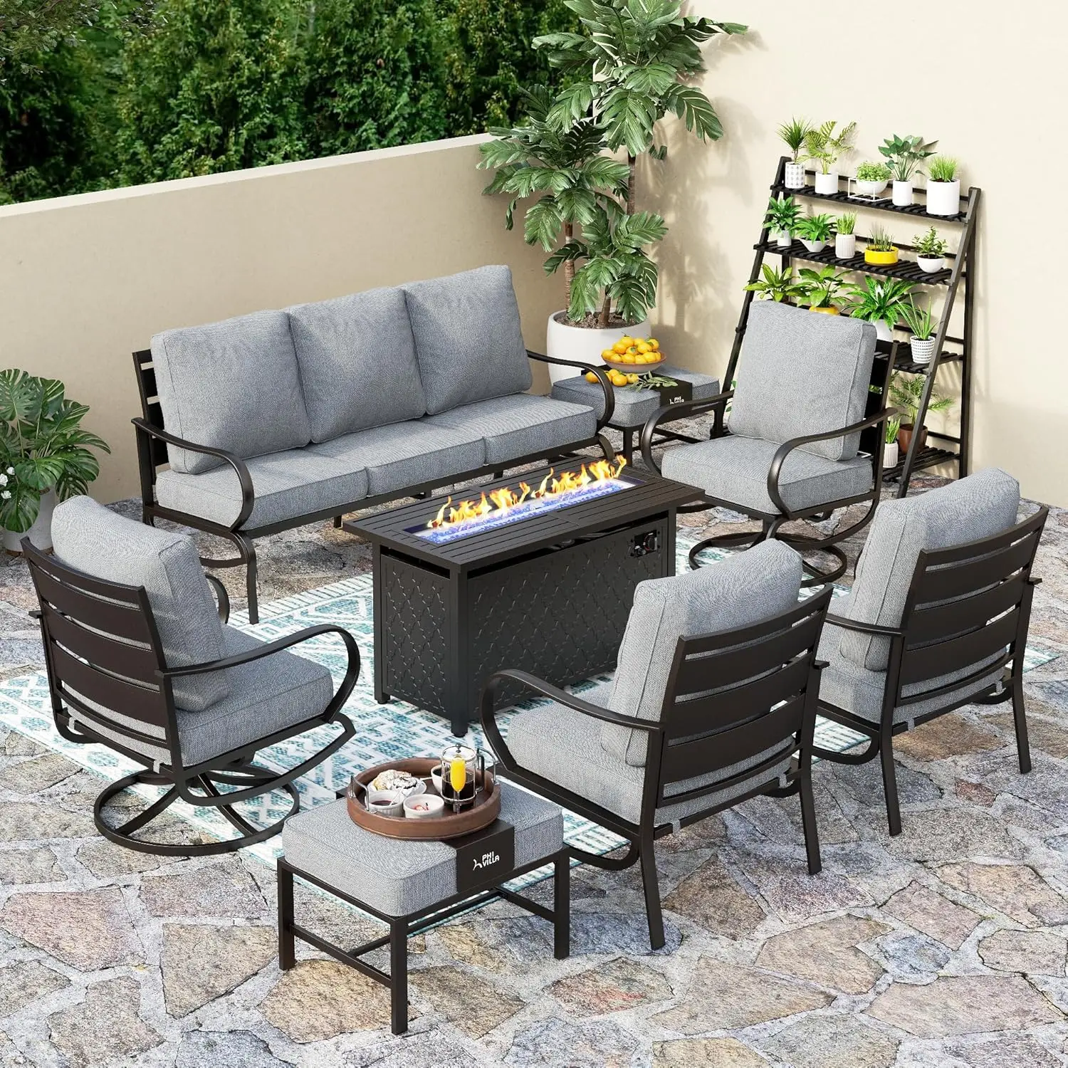 8 PCS Outdoor Patio Furniture Set with Fire Pit Table,Metal 3-Seat Sofa,2 Swivel Chairs,2 Leg Chairs&2 Ottomans,Grey,Customized
8 PCS Outdoor Patio Furniture Set with Fire Pit Table,Metal 3-Seat Sofa,2 Swivel Chairs,2 Leg Chairs&2 Ottomans,Grey,Customized