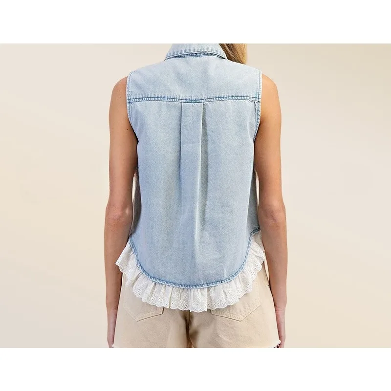 2026 Spring and Summer Women's Shirt Lace Splicing Denim Vest Sleeveless Solid Color Shirt
2026 Spring and Summer Women's Shirt Lace Splicing Denim Vest Sleeveless Solid Color Shirt