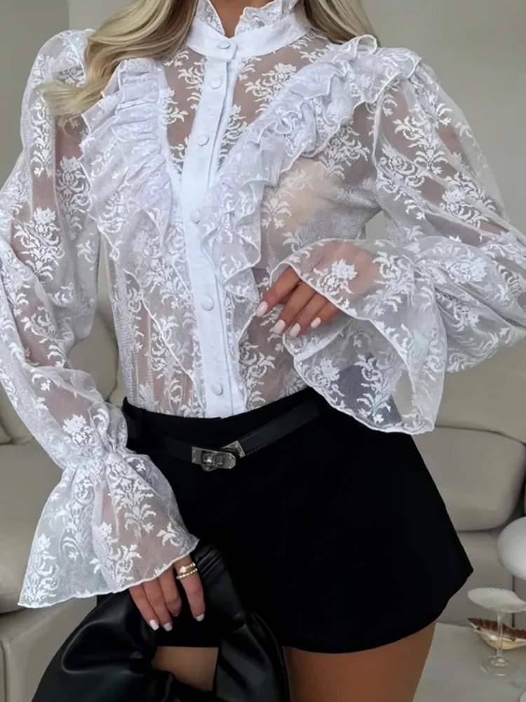 French Romantic Lace Women's Blouses Ruffle Edge Design Embroidered Casual T-shirt Fashion O-neck Single Breasted Commuting Top
French Romantic Lace Women's Blouses Ruffle Edge Design Embroidered Casual T-shirt Fashion O-neck Single Breasted Commuting Top