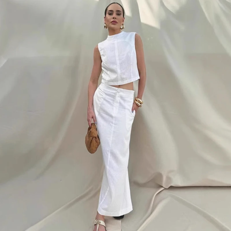 Tuularose White Long Skirt Set For Women Sleeveless Stand Collar Top High Waist Slit Skirt Female Loose Office Lady Skirt Set
Tuularose White Long Skirt Set For Women Sleeveless Stand Collar Top High Waist Slit Skirt Female Loose Office Lady Skirt Set