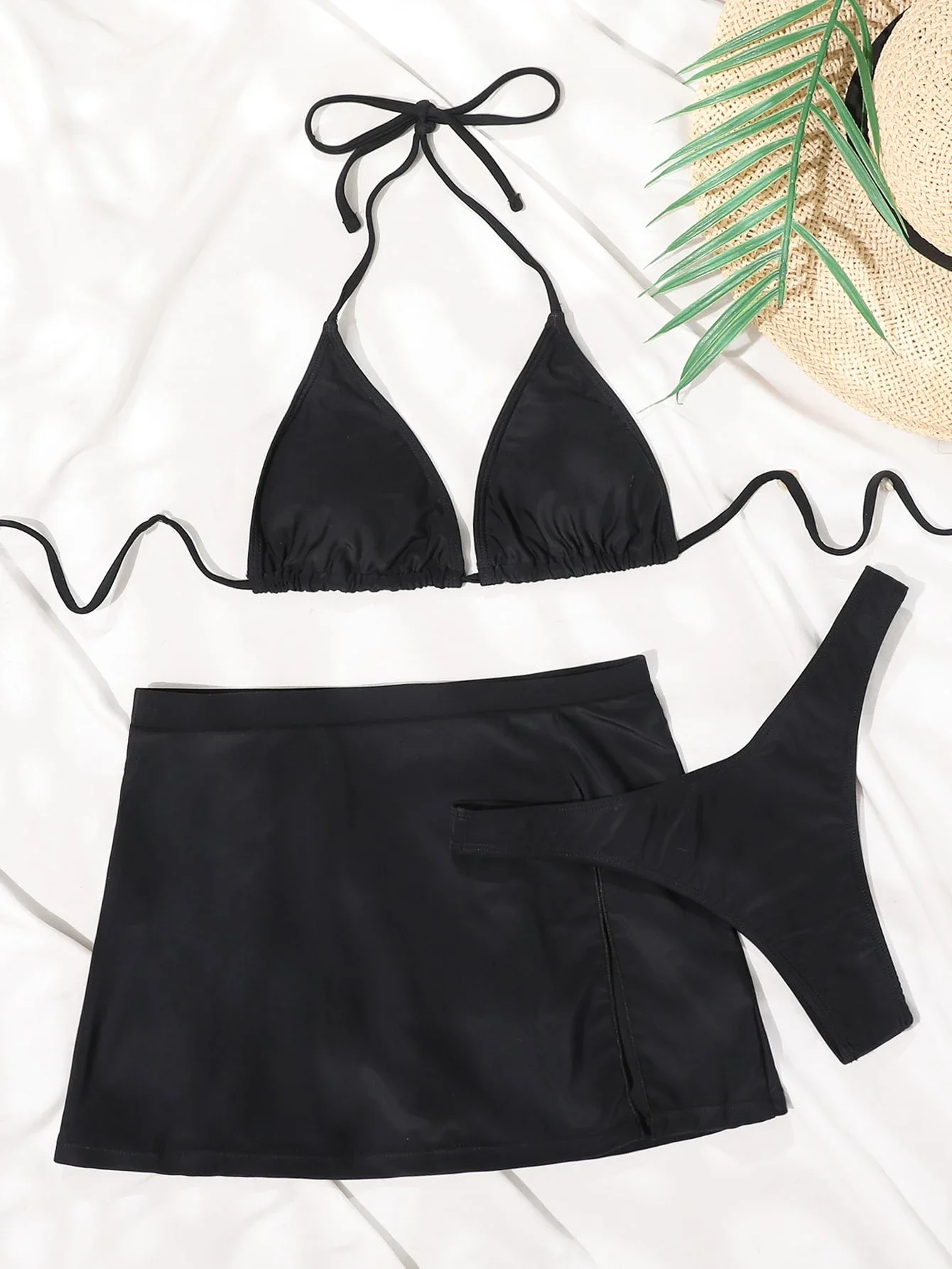 Black Halter Triangle Bikini Set With Skirt And Thong 3 Piece Beach Swimwear
Black Halter Triangle Bikini Set With Skirt And Thong 3 Piece Beach Swimwear