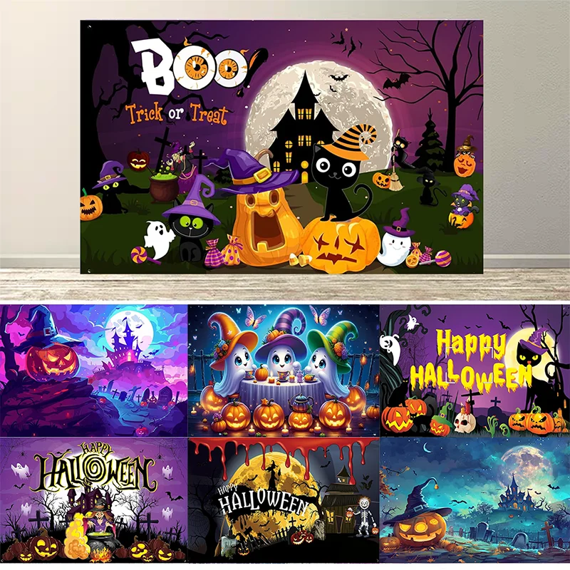 Spooky Cartoon Halloween Backdrop Cute Cat Ghost Happy Halloween Banner Halloween Backgrounds for Kid Photography Party Supplies
Spooky Cartoon Halloween Backdrop Cute Cat Ghost Happy Halloween Banner Halloween Backgrounds for Kid Photography Party Supplies