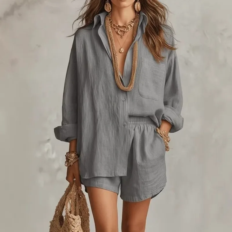 Vintage French Casual Linen 2 Piece Set Women Solid Color Outfit Single Breasted Long Sleeved Shirt Top and Shorts Sportsweart
Vintage French Casual Linen 2 Piece Set Women Solid Color Outfit Single Breasted Long Sleeved Shirt Top and Shorts Sportsweart