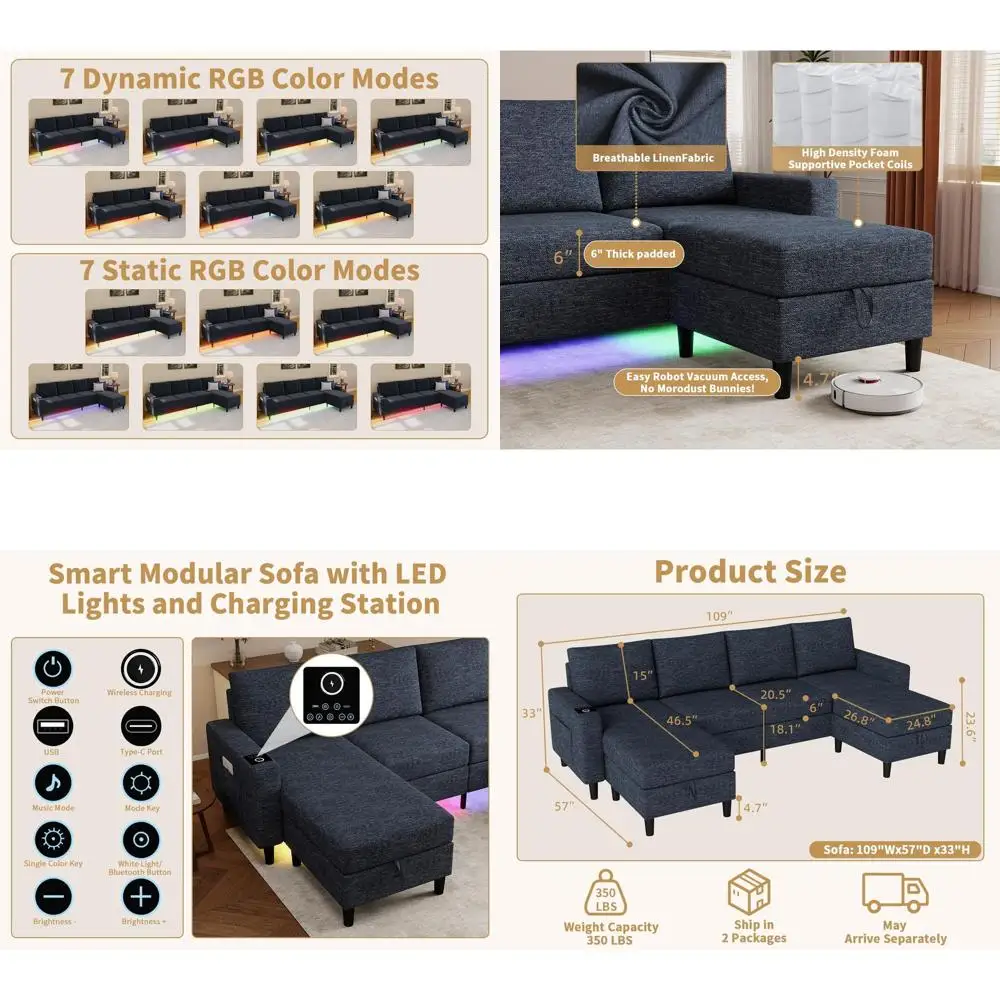 4-Seat U-Shaped Sectional Sofa with RGB Lighting and Charging Features for Modern Living Rooms (Blue)
4-Seat U-Shaped Sectional Sofa with RGB Lighting and Charging Features for Modern Living Rooms (Blue)