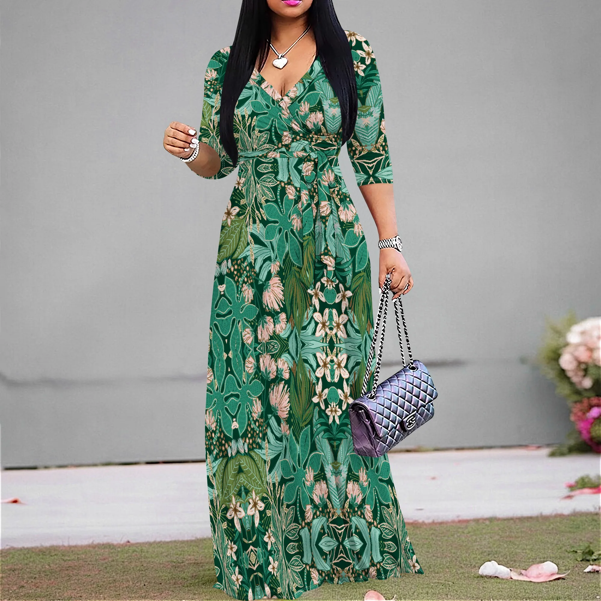 Boho Tropical Flowers Graphics Dresses for Women V Neck Maxi Dress Flowy 3/4 Sleeve with Belt
Boho Tropical Flowers Graphics Dresses for Women V Neck Maxi Dress Flowy 3/4 Sleeve with Belt