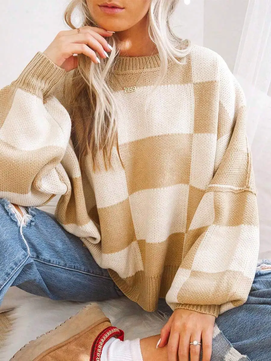 Cream & Beige Checkered Bishop Sleeve Knit Pullover Sweater
Cream & Beige Checkered Bishop Sleeve Knit Pullover Sweater