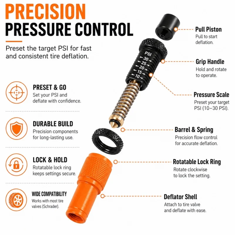 Adjustable Automatic Tire Deflators 10-30PSI, 4PCS Offroad Auto Stop Tyre Air Release Valve for Sand Mud 4x4 Driving
Adjustable Automatic Tire Deflators 10-30PSI, 4PCS Offroad Auto Stop Tyre Air Release Valve for Sand Mud 4x4 Driving