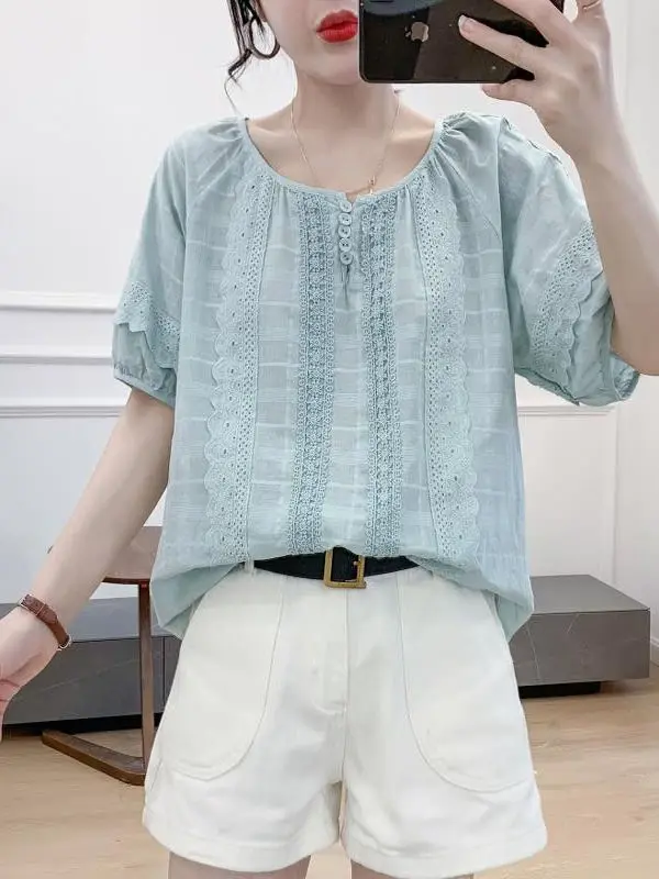 Ele ort Sve T-irt Women's Summer Design Sense Embroidery Heavy Work Lace Patchwork Cotton Blend round Ne Top
Ele ort Sve T-irt Women's Summer Design Sense Embroidery Heavy Work Lace Patchwork Cotton Blend round Ne Top