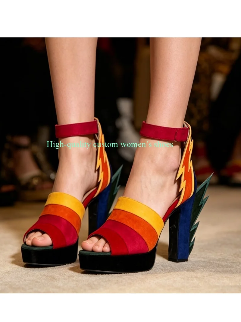Red And Yellow Color-Blocked Pointed Toes Sandals Ankle Lightning Decoration Chunky High Heels Summer Runway Shoes Manual Luxury
Red And Yellow Color-Blocked Pointed Toes Sandals Ankle Lightning Decoration Chunky High Heels Summer Runway Shoes Manual Luxury