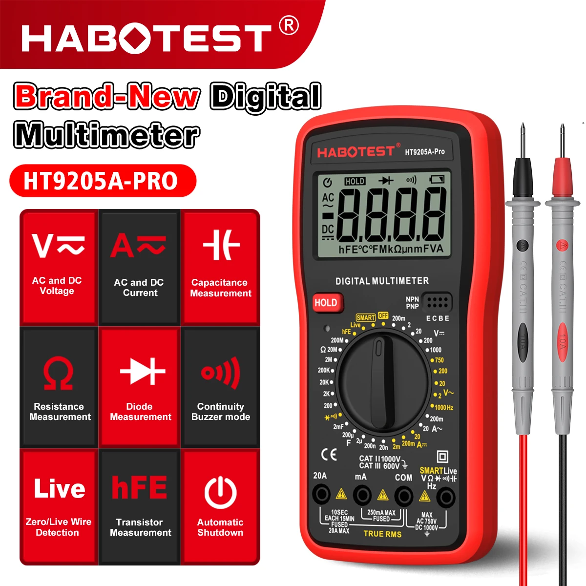 HABOTEST HT9205A-PRO Digital Multimeter 2000 Counts AC/DC Voltage Current Resistance Capacitance Frequency Transistor Tester
HABOTEST HT9205A-PRO Digital Multimeter 2000 Counts AC/DC Voltage Current Resistance Capacitance Frequency Transistor Tester