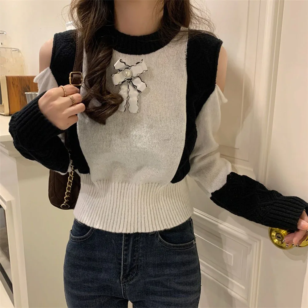 Korean Knitted Sweater Tops Women Full Sleeve O-neck Patchwork Pullover Elegant Fashion Ladies Jumpers 2022
Korean Knitted Sweater Tops Women Full Sleeve O-neck Patchwork Pullover Elegant Fashion Ladies Jumpers 2022