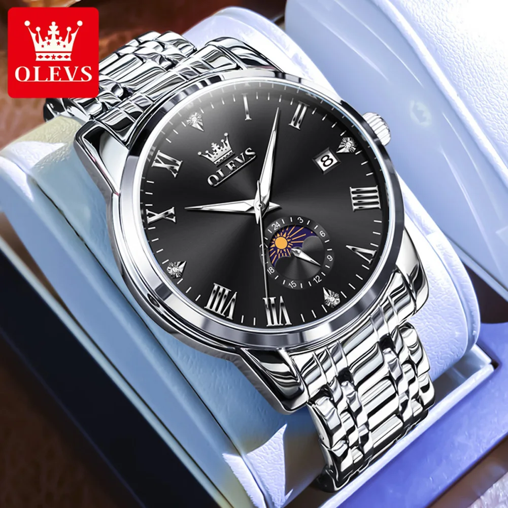 OLEVS мужские часы, роскошные деловые часы с ремешком из нержавеющей стали, оригинальные кварцевые наручные часы для мужчин, водонепроницаемые, с датой фазы Луны, светящиеся
OLEVS мужские часы, роскошные деловые часы с ремешком из нержавеющей стали, оригинальные кварцевые наручные часы для мужчин, водонепроницаемые, с датой фазы Луны, светящиеся