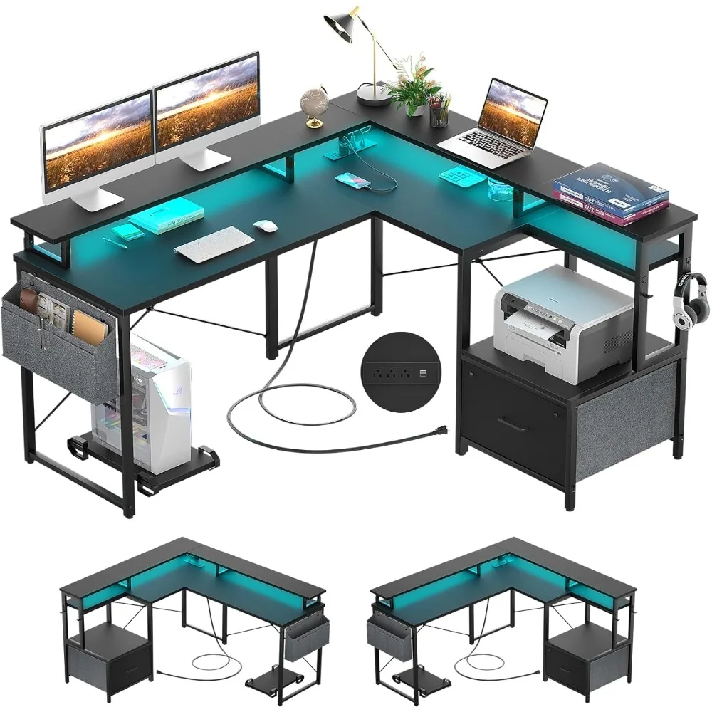 L Shaped Desk with Power Outlet and LED Strip,Reversible L Shaped Computer Desk with File Drawer, Corner Desk for Gaming Writing
L Shaped Desk with Power Outlet and LED Strip,Reversible L Shaped Computer Desk with File Drawer, Corner Desk for Gaming Writing