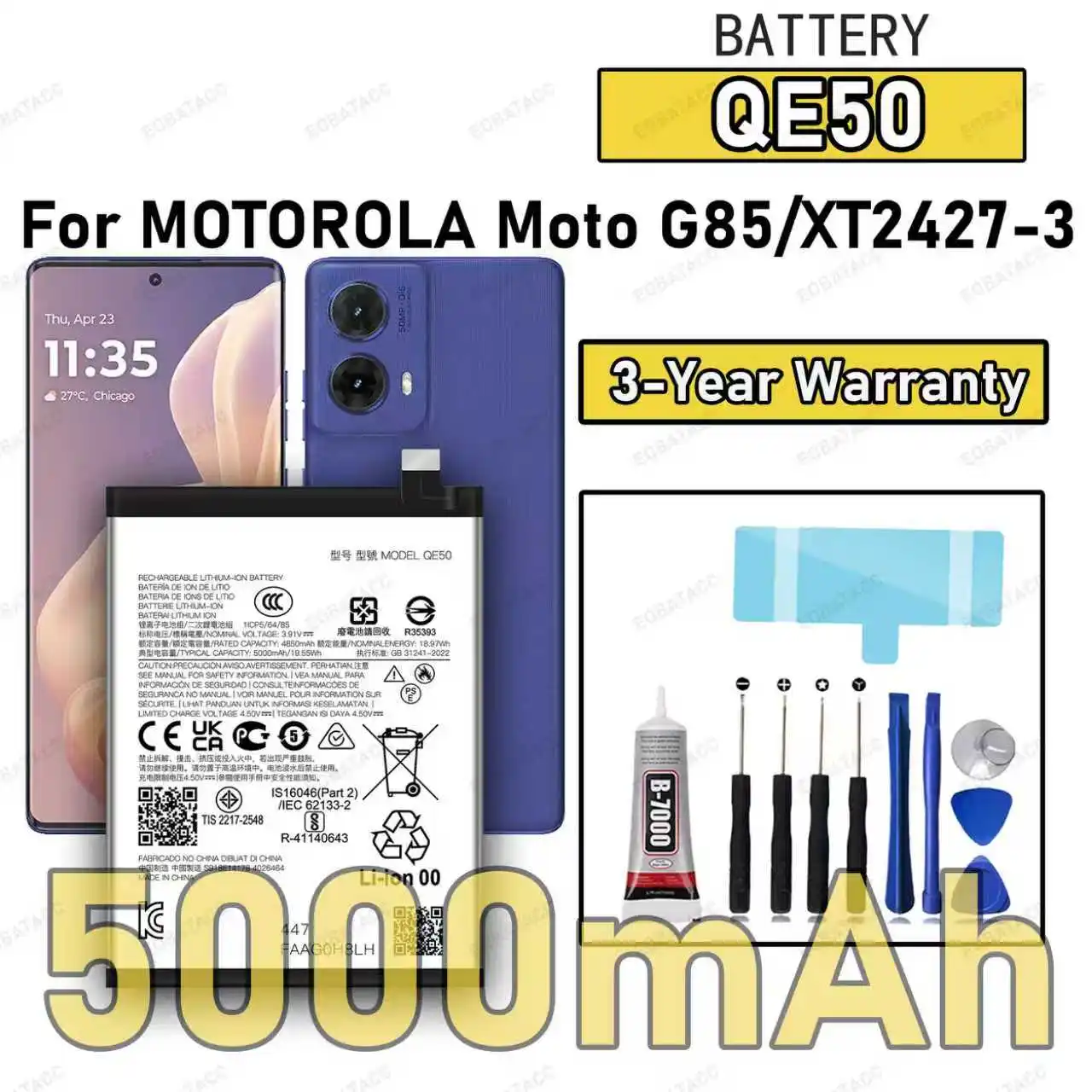 100% New High Quality QE50 Battery For MOTOROLA Moto G85/XT2427-3 Replacement Battery Bateria+Free Tools
100% New High Quality QE50 Battery For MOTOROLA Moto G85/XT2427-3 Replacement Battery Bateria+Free Tools
