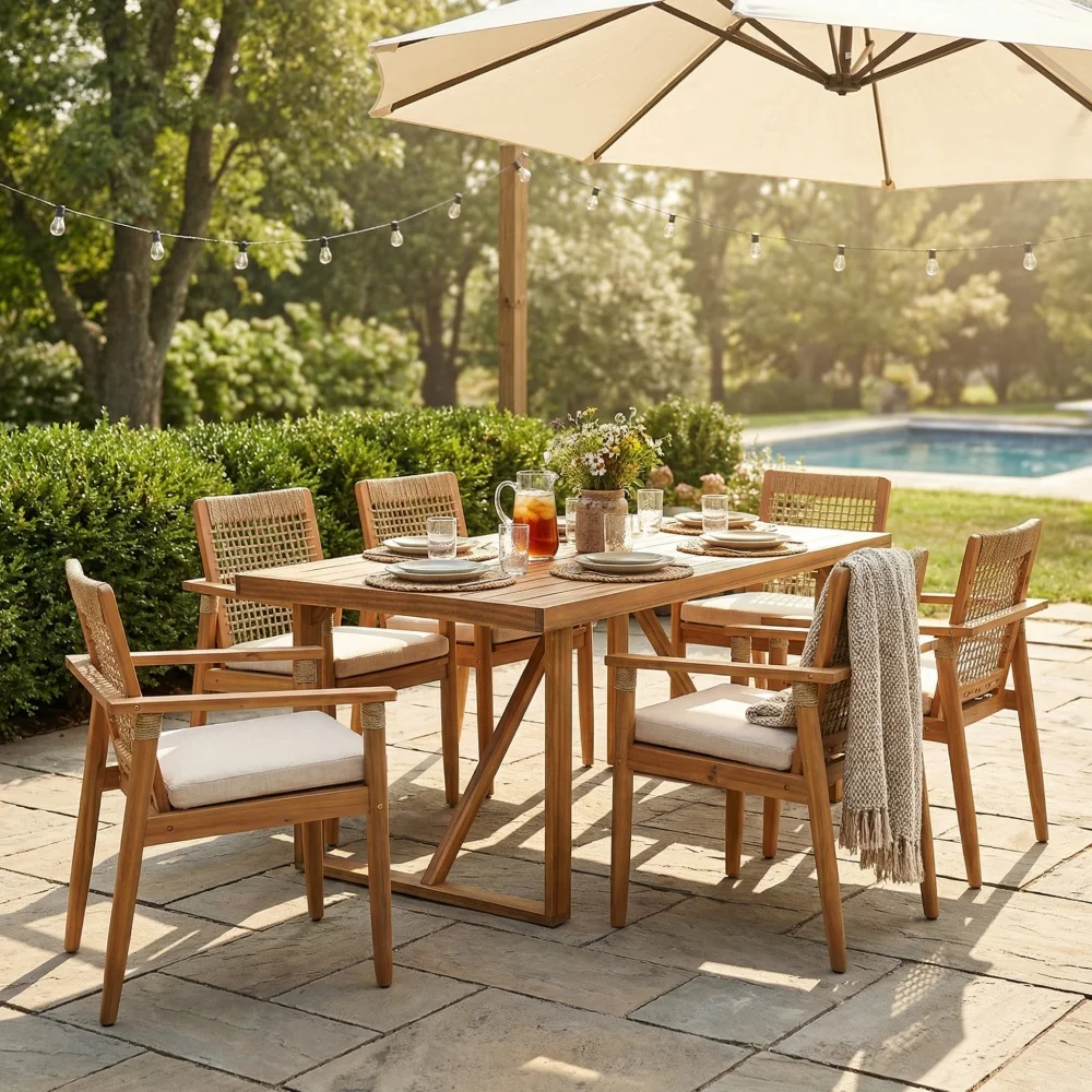 7 Pieces Acacia Wood Outdoor Dining Set with Cushions,Modern 6 Chairs with Handwoven Cord and 1 Large Table
7 Pieces Acacia Wood Outdoor Dining Set with Cushions,Modern 6 Chairs with Handwoven Cord and 1 Large Table