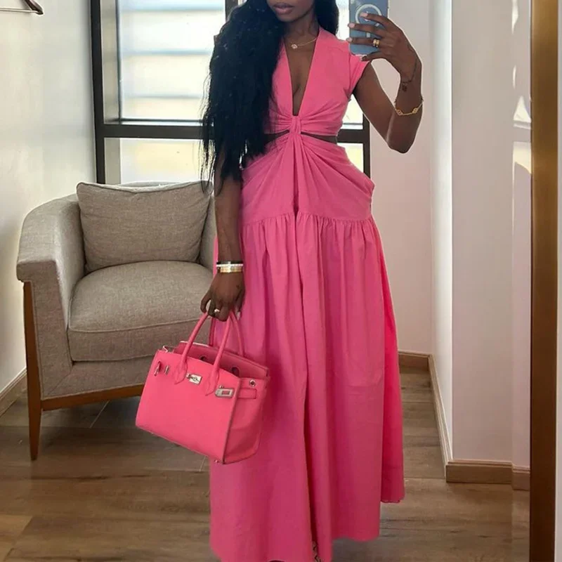 Elegant Deep V-Neck Female A-Line Dress Women 2025 Solid Color Banquet Party Dress Summer Chic Hollow Waist Cocktail Long Dress
Elegant Deep V-Neck Female A-Line Dress Women 2025 Solid Color Banquet Party Dress Summer Chic Hollow Waist Cocktail Long Dress