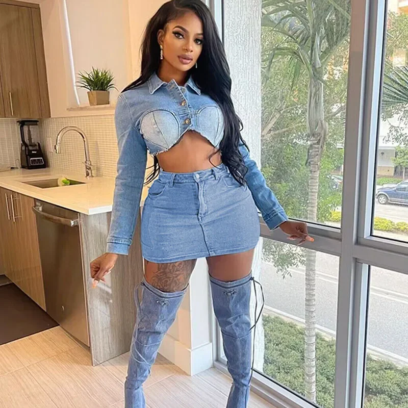 Streetwear Denim 2 Piece Skirt Set for Women Y2K Clothing Long Sleeve Crop Top and Mini Skirts Birthday Night Club Outfits Jeans
Streetwear Denim 2 Piece Skirt Set for Women Y2K Clothing Long Sleeve Crop Top and Mini Skirts Birthday Night Club Outfits Jeans