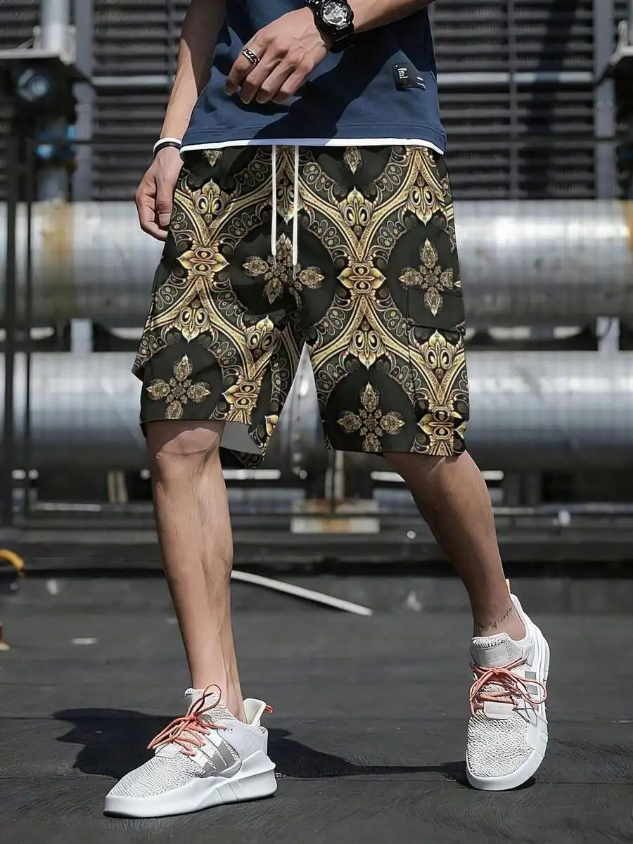 Mens Woven Cargo Shorts With Vintage Ornamental Print In Dark Base And Metallic Accent For Summer Street Style
Mens Woven Cargo Shorts With Vintage Ornamental Print In Dark Base And Metallic Accent For Summer Street Style