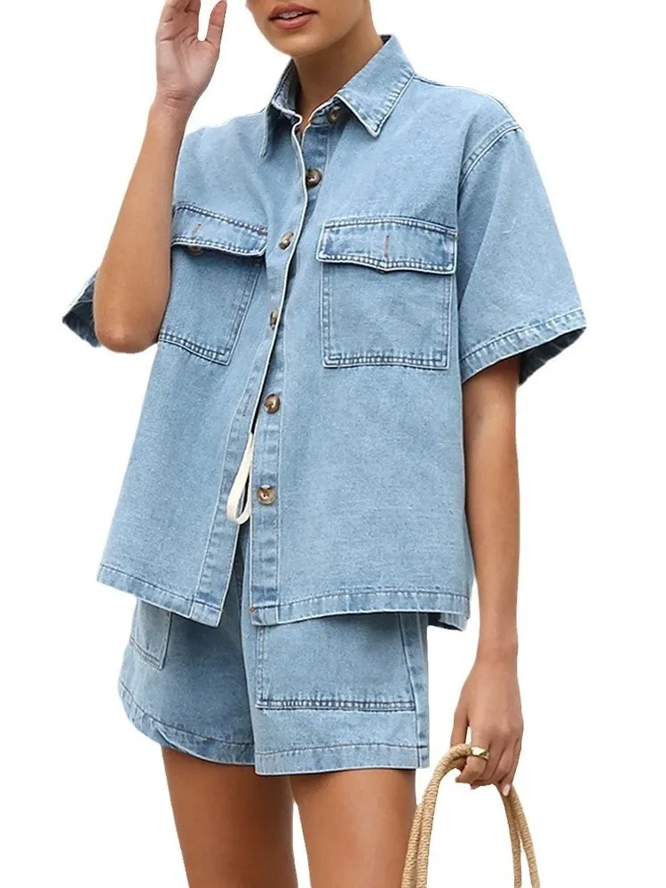 Casual Loose Denim Short Sleeve Shirt And Shorts Set Women's Fashion Summer Outfit Two-Piece Suit with Pockets Breathable Mat...
Casual Loose Denim Short Sleeve Shirt And Shorts Set Women's Fashion Summer Outfit Two-Piece Suit with Pockets Breathable Mat...