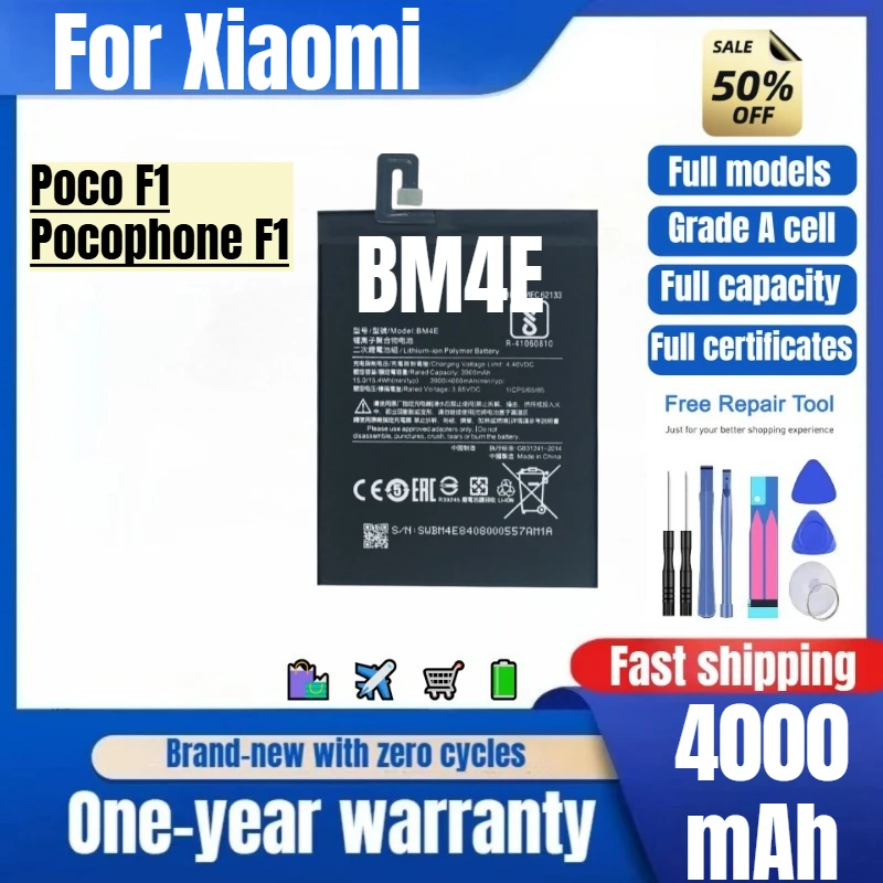 BM4E for Xiaomi Poco F1/Pocophone F1 Phone Battery 0Cycle High Quality High Capacity Replacement Bateria Grade A Cell with Tools
BM4E for Xiaomi Poco F1/Pocophone F1 Phone Battery 0Cycle High Quality High Capacity Replacement Bateria Grade A Cell with Tools