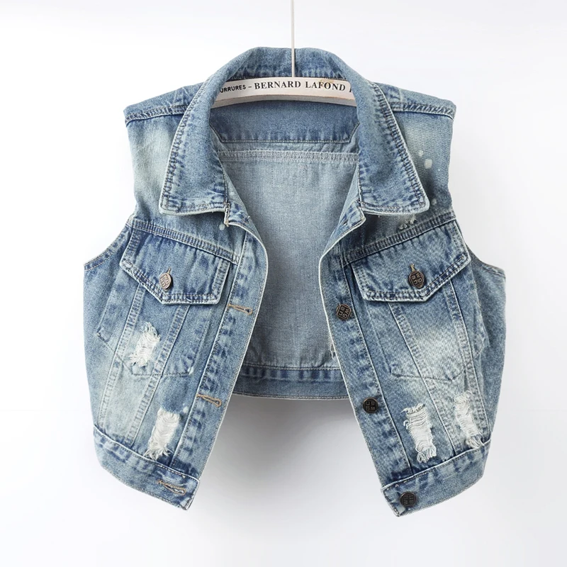 Frayed Hole Cowboy Waistcoat Vintage Blue Light Blue Summer New Women Slim Short Denim Vest Lapel Sleeveless Jeans Jacket Coat
Frayed Hole Cowboy Waistcoat Vintage Blue Light Blue Summer New Women Slim Short Denim Vest Lapel Sleeveless Jeans Jacket Coat