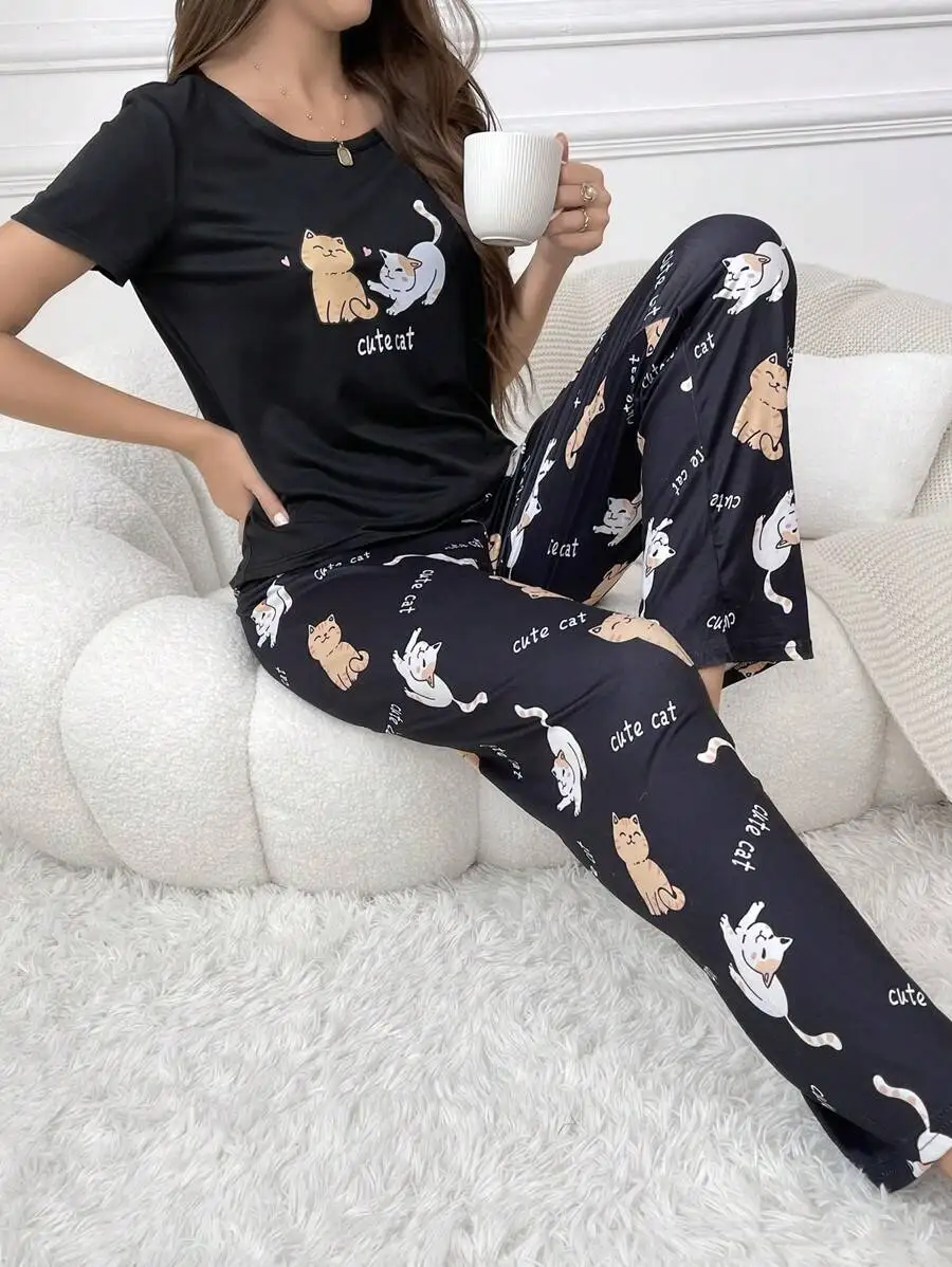 Cat Print Pajama Set With Letter Design Womens Sleepwear
Cat Print Pajama Set With Letter Design Womens Sleepwear