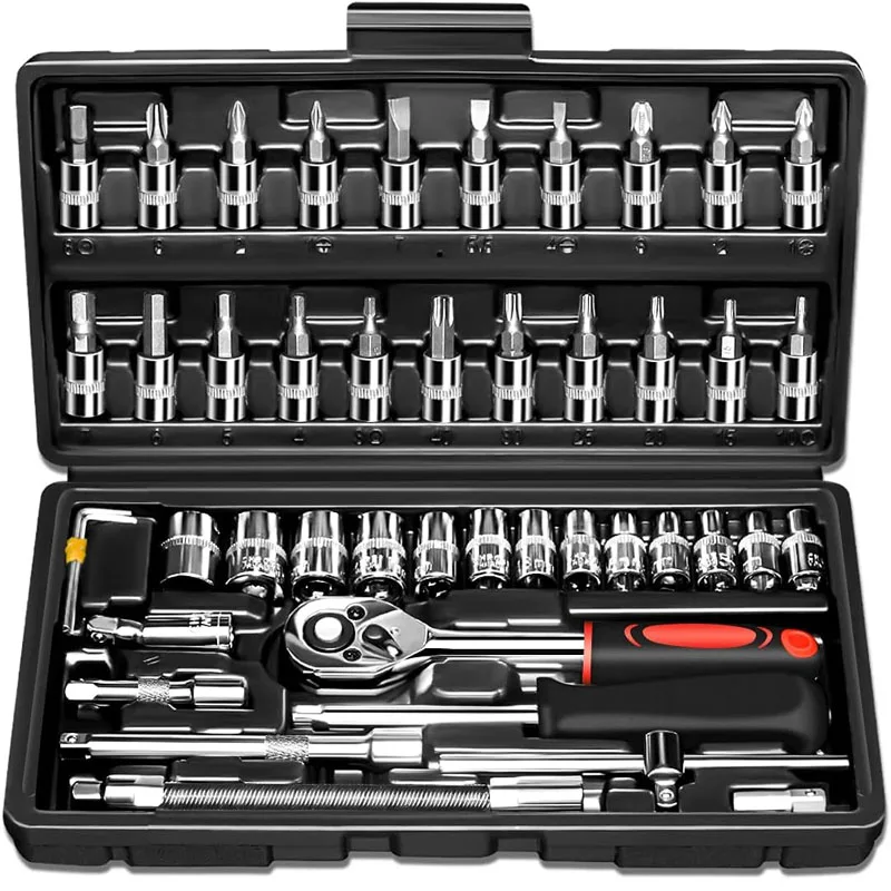 46pieces of 1/4 inch socket ratchet wrench set, with socket wrench set metric and extension rod,used for motorcycles and bicycle
46pieces of 1/4 inch socket ratchet wrench set, with socket wrench set metric and extension rod,used for motorcycles and bicycle