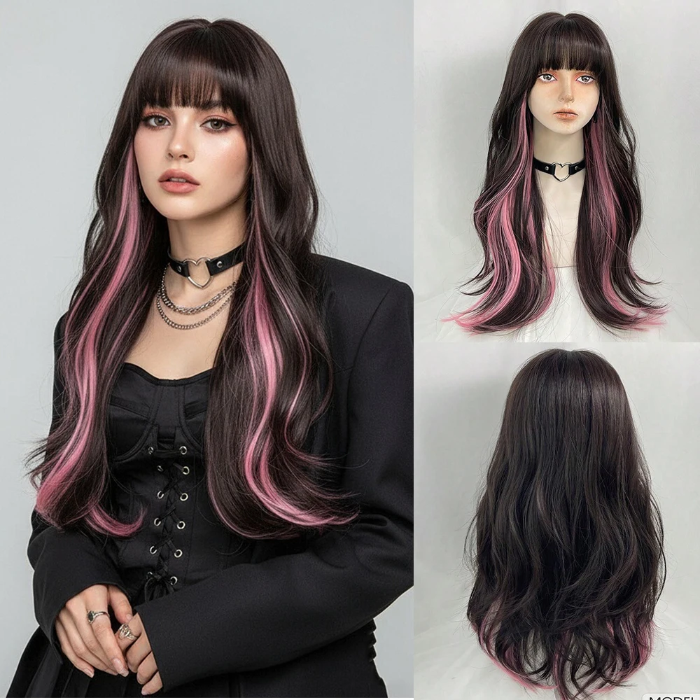 Women Synthetic Wig Long Wavy Black-brown Mixed Pink Wigs with Bangs Cosplay Lolita Fluffy Fake Hair for Daily Party
Women Synthetic Wig Long Wavy Black-brown Mixed Pink Wigs with Bangs Cosplay Lolita Fluffy Fake Hair for Daily Party