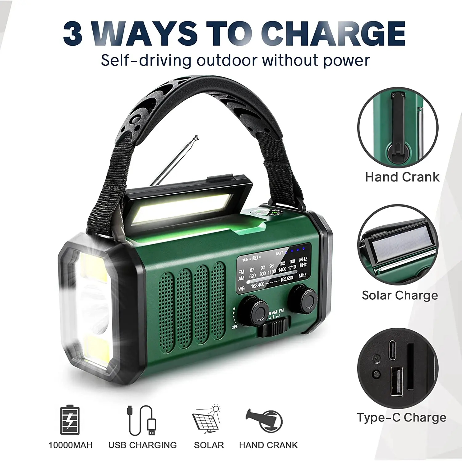 Emergency Hand Crank Radio, 10000mAh, USB Charger, FM AM NOAA Weather Radio and Solar Radio with Compass Light
Emergency Hand Crank Radio, 10000mAh, USB Charger, FM AM NOAA Weather Radio and Solar Radio with Compass Light