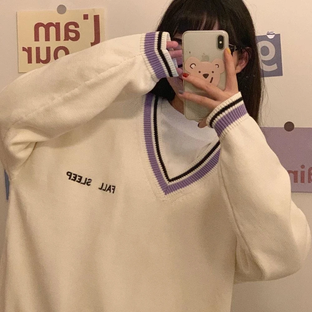 Deeptown Preppy Fashion Beige Knitted Sweater Women Korean Style Printed V-neck Long Sleeve Jumper Pullover Female Tops
Deeptown Preppy Fashion Beige Knitted Sweater Women Korean Style Printed V-neck Long Sleeve Jumper Pullover Female Tops