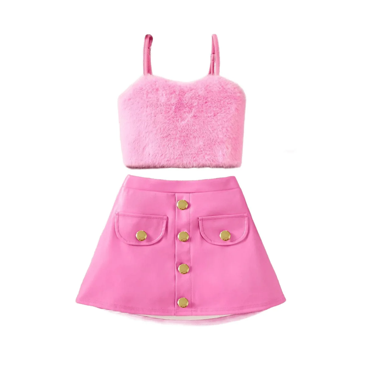 Kid Pink Set Girl Furry Camisole with Leather Short Skirt Outing Two-Piece Children Skirt European American Unique Style Summer
Kid Pink Set Girl Furry Camisole with Leather Short Skirt Outing Two-Piece Children Skirt European American Unique Style Summer