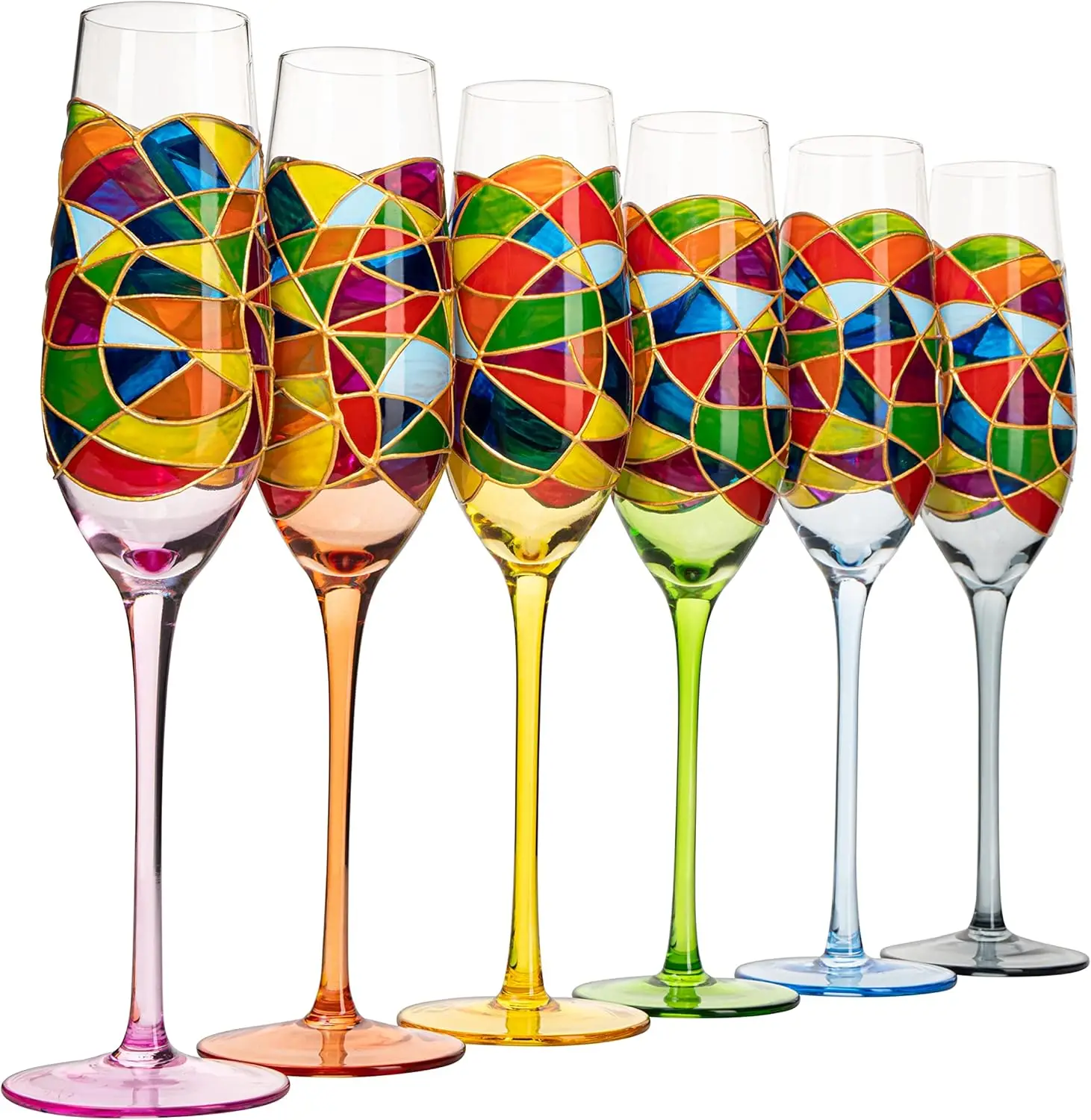 Hand Painted Stained Glass Champagne Flutes Set of 6, 7oz, 10.2' Tall, Rainbow Multicolor Design
Hand Painted Stained Glass Champagne Flutes Set of 6, 7oz, 10.2' Tall, Rainbow Multicolor Design