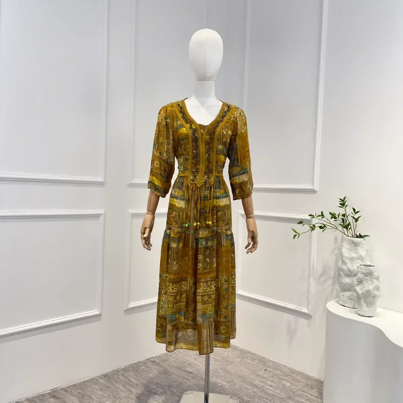2024 Summer Top Quality Women Fashion Yellow Silk Vintage Hand Work Printing Lace-up Beading 3/4 Sleeve Midi Dress
2024 Summer Top Quality Women Fashion Yellow Silk Vintage Hand Work Printing Lace-up Beading 3/4 Sleeve Midi Dress