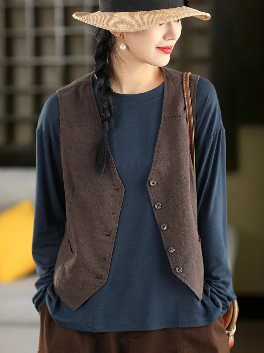 Retro Style Double Layer Silk Hemp Sleeveless Vest Top Women's Spring Fashion Artistic V-Neck Short Length Button Closure
Retro Style Double Layer Silk Hemp Sleeveless Vest Top Women's Spring Fashion Artistic V-Neck Short Length Button Closure