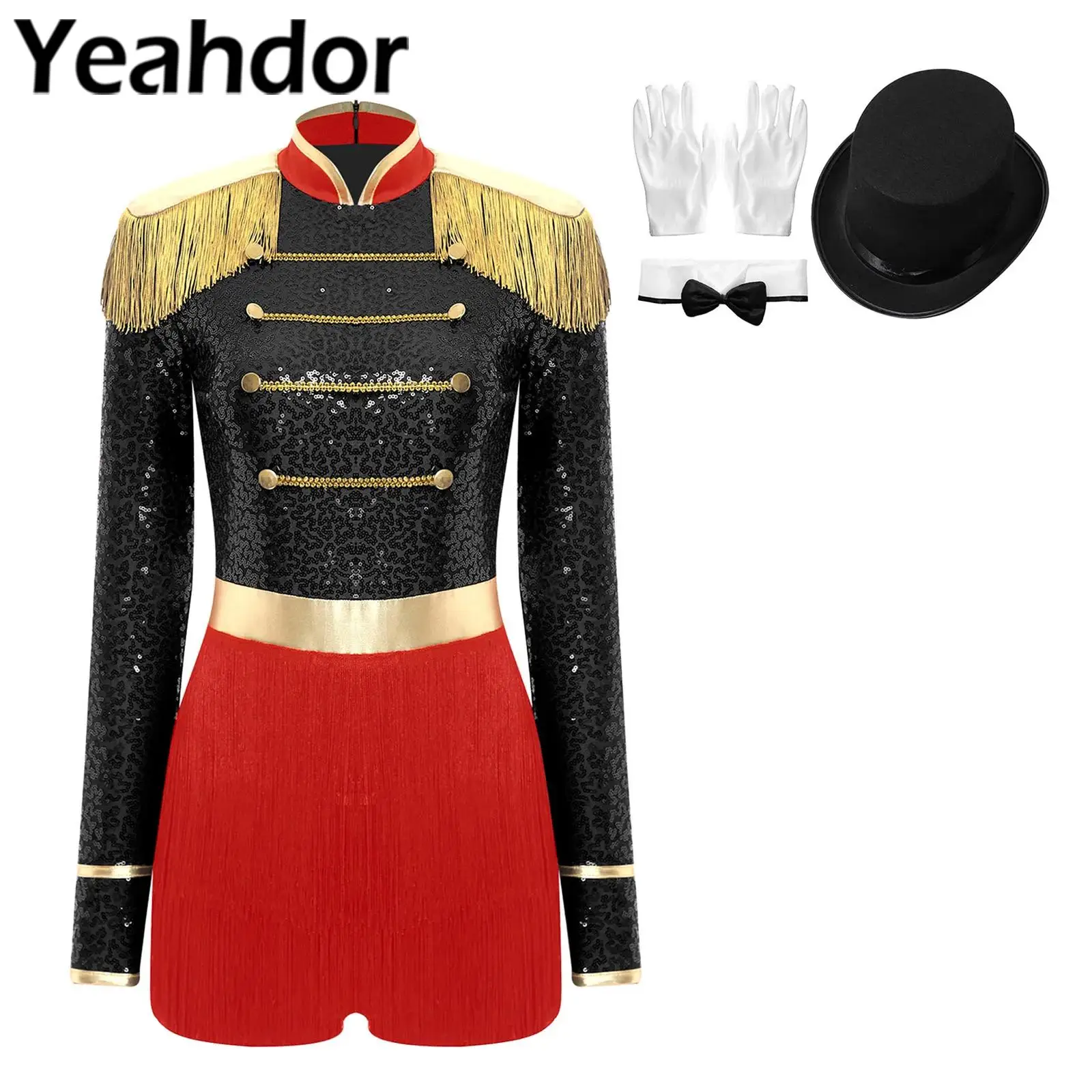 Женский костюм для Хэллоуина: боди «Цирковой директор» с бахромой, золотой отделкой, пайетками, шляпой, галстуком-бабочкой и перчатками
Женский костюм для Хэллоуина: боди «Цирковой директор» с бахромой, золотой отделкой, пайетками, шляпой, галстуком-бабочкой и перчатками