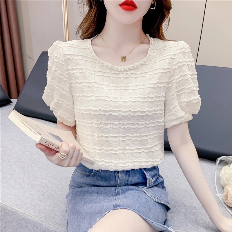 Beaded Lace Short T-Shirt for Women Summer Korean Fashion Sweet Blouse Puff Sleeve Top
Beaded Lace Short T-Shirt for Women Summer Korean Fashion Sweet Blouse Puff Sleeve Top