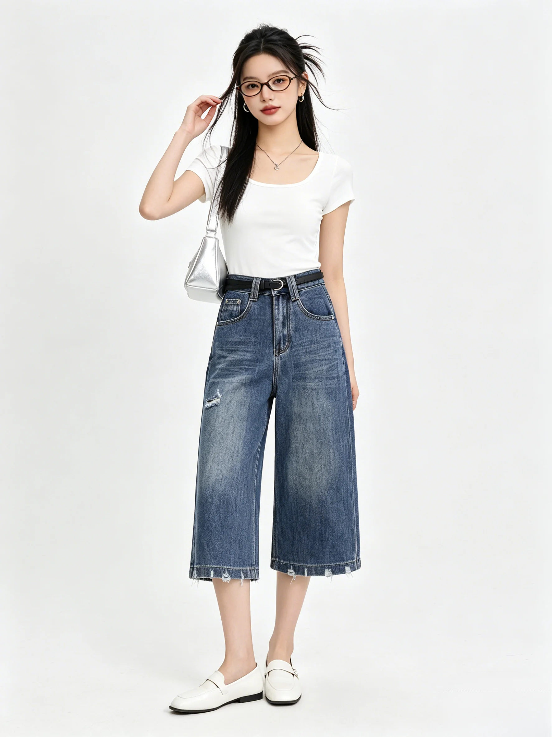 Retro American Style Korean Version Deep Blue Denim Pants Summer New Wide Leg Seven Parts Pants Torn Sensation Slimming
Retro American Style Korean Version Deep Blue Denim Pants Summer New Wide Leg Seven Parts Pants Torn Sensation Slimming