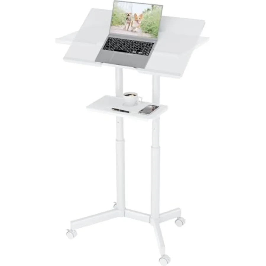 Portable mobile standing laptop desk for home office and classroom use, white steel and MDF lectern with height-adjustable sit-
Portable mobile standing laptop desk for home office and classroom use, white steel and MDF lectern with height-adjustable sit-