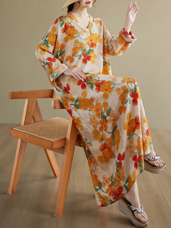 Свободная посадка Long Sve Cotton Linen Dr Повседневная юбка трапециевидной формы Lazy Sle V-Ne Long Dr Осенний сезон Женская мода 
Свободная посадка Long Sve Cotton Linen Dr Повседневная юбка трапециевидной формы Lazy Sle V-Ne Long Dr Осенний сезон Женская мода