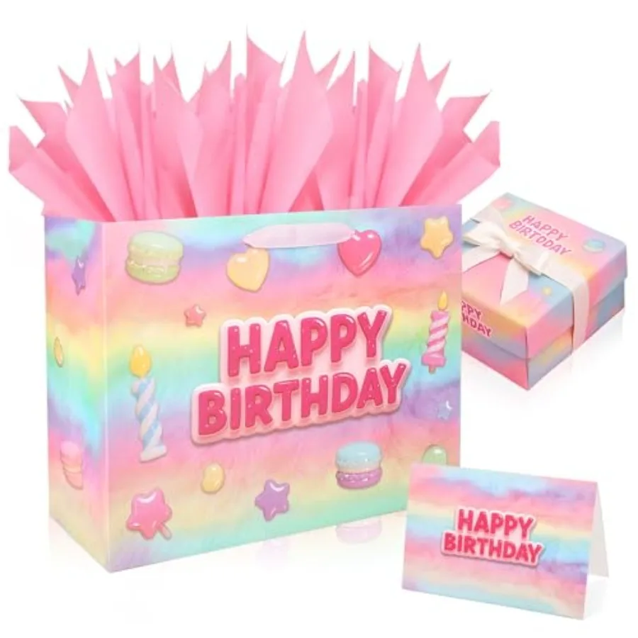 13" Happy Birthday Gift Bags with Tissue Paper Wrapping Paper and Card, Pink Gift Wrap Bags with handles for Women, Girls and K
13" Happy Birthday Gift Bags with Tissue Paper Wrapping Paper and Card, Pink Gift Wrap Bags with handles for Women, Girls and K