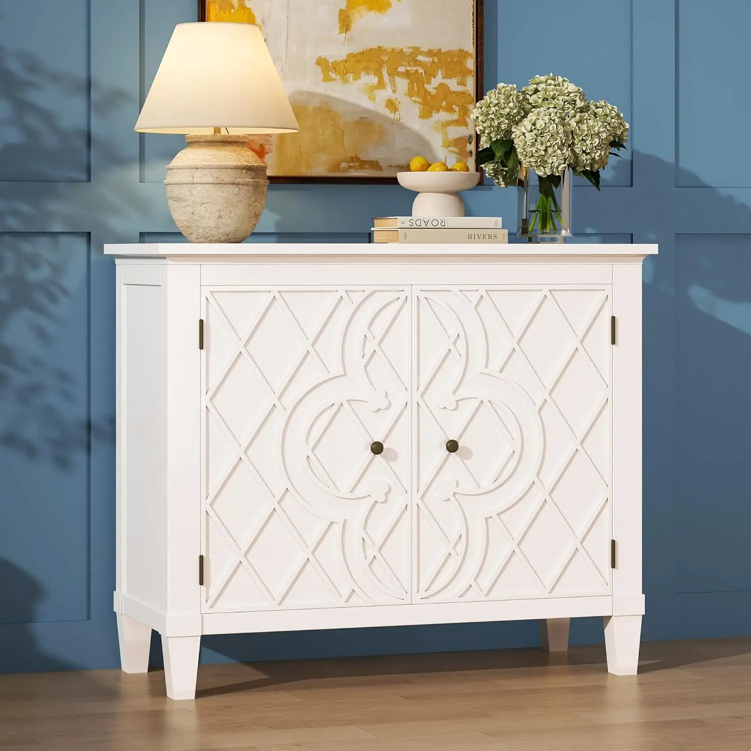 40" Entryway Storage Cabinet with Doors & Shelf, Distressed White Carved Wood Sideboard Buffet, Customized
40" Entryway Storage Cabinet with Doors & Shelf, Distressed White Carved Wood Sideboard Buffet, Customized