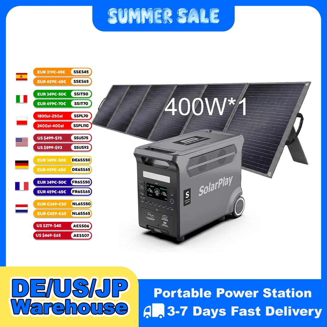 SOLARPLAY Q3600 Outdoor Generator 3600W MPPT Portable Power Station with 400W Folable Solar Panels Trolley For RV Camping
SOLARPLAY Q3600 Outdoor Generator 3600W MPPT Portable Power Station with 400W Folable Solar Panels Trolley For RV Camping