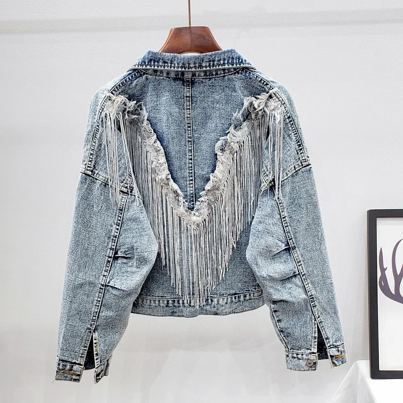 Denim jacket women's spring and autumn new European station sequined tassel loose large size thin short jacket top tide
Denim jacket women's spring and autumn new European station sequined tassel loose large size thin short jacket top tide