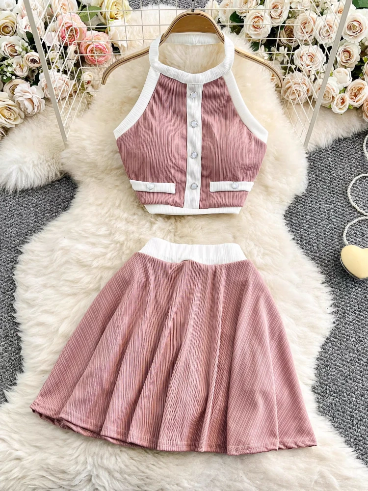 2025 New Matching Sets Halter Sleeveless Crop Tops High Waist Mini Skirts Sexy Spice Girls Contrast Color Summer Women Clothing
2025 New Matching Sets Halter Sleeveless Crop Tops High Waist Mini Skirts Sexy Spice Girls Contrast Color Summer Women Clothing
