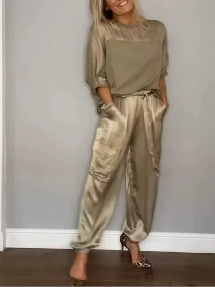 Casual Long Sleeve Tshirt Pants Set Office Lady Spring Autumn Fashion Solid Tops Blouse Tees Trousers Two Piece Set Women 2024
Casual Long Sleeve Tshirt Pants Set Office Lady Spring Autumn Fashion Solid Tops Blouse Tees Trousers Two Piece Set Women 2024